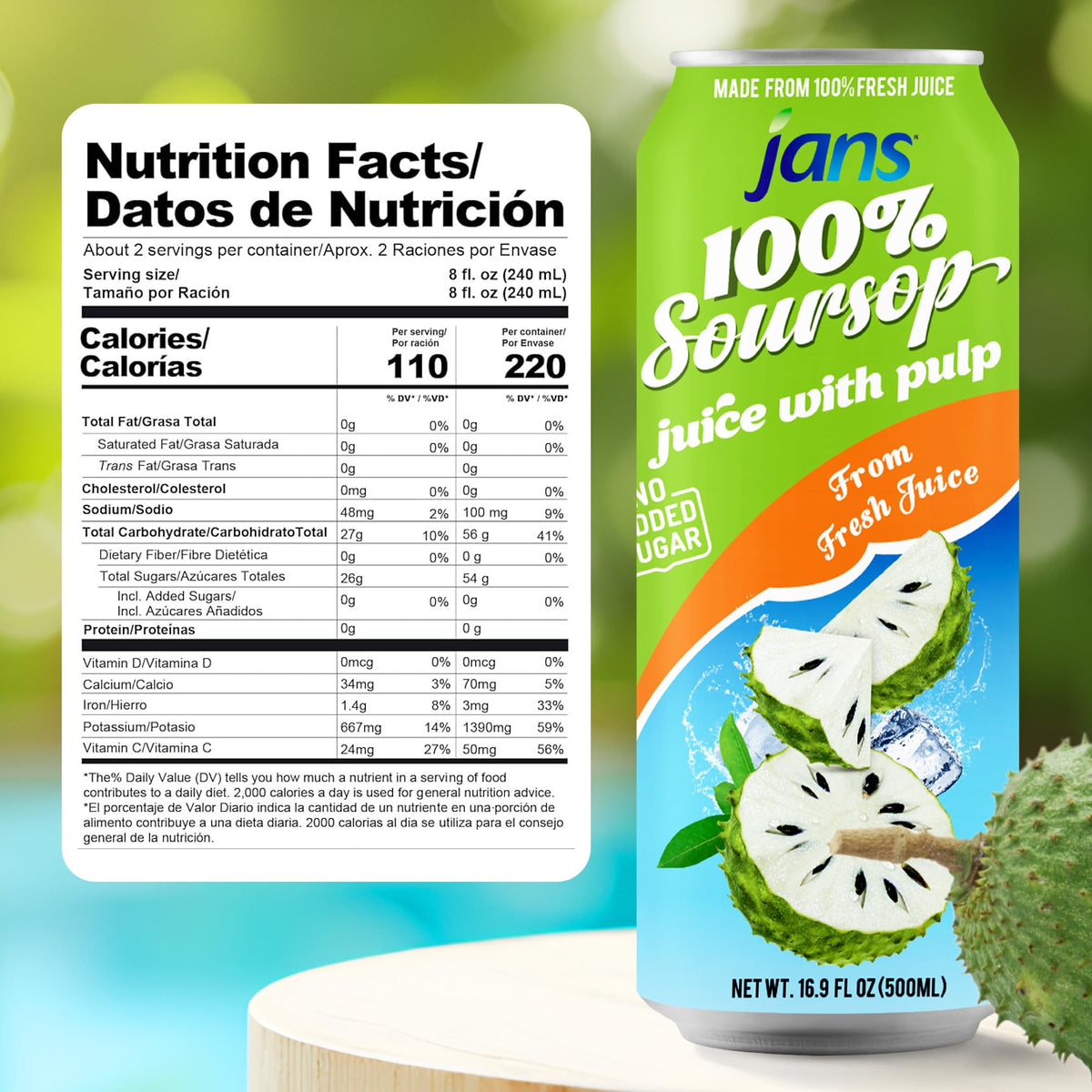 Jans Soursop Juice label closeup emphasizes no sugar added and 100% pulp.