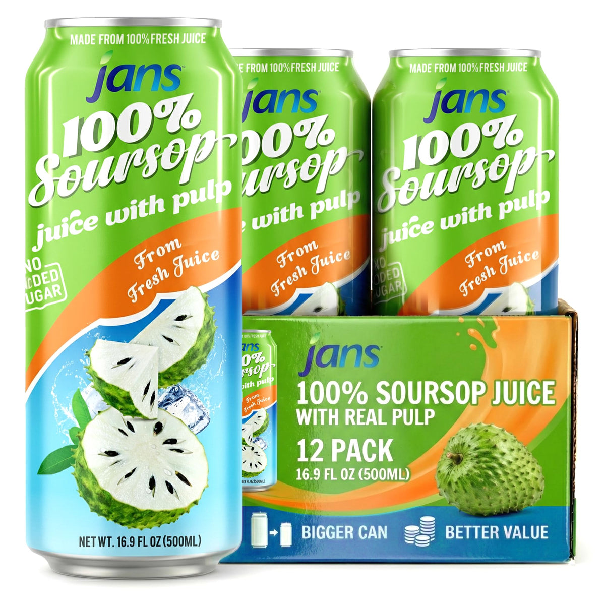 JANS Soursop juice with pulp front view, a natural tropical refreshment.