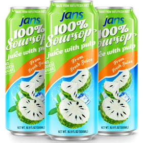 JANS Soursop juice with pulp label closeup, highlighting no preservatives.