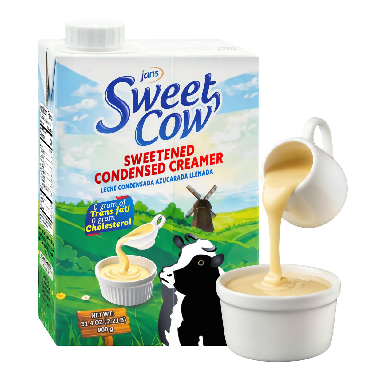 Close-up of Jans Sweet Cow condensed milk being poured