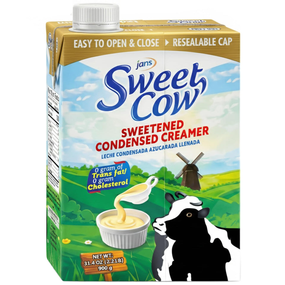 Jans Sweet Cow condensed milk in pantry-ready Tetrapak for easy storage