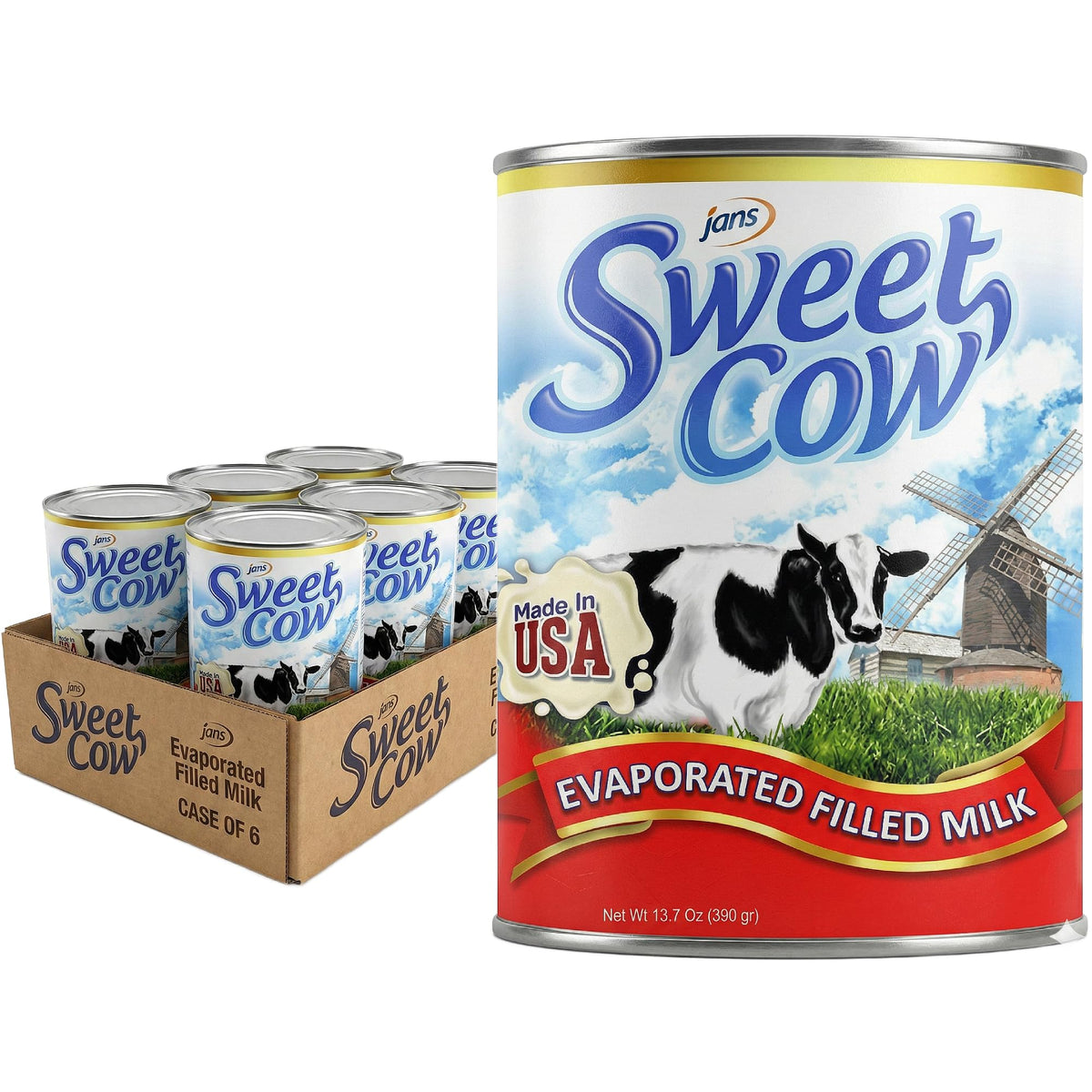 Jans Sweet Cow evaporated milk can shown in a six-pack for pantry use and cooking