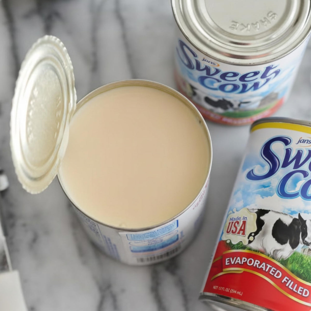 A kitchen scene illustrating Jans Sweet Cow evaporated milk in sauces and desserts