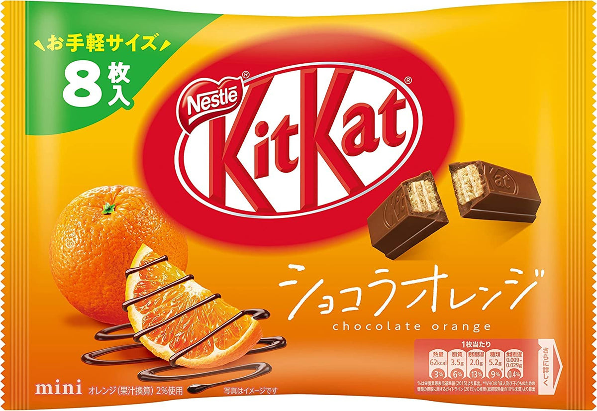 Japan Kit Kat Mini Chocolate Orange bars - crispy wafers with orange flavor, ideal for sweet snacks.