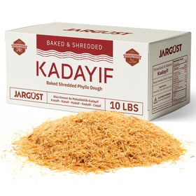 Jargust bulk baked shredded kataifi in a 10 lb pack, ready for quick pastry prep.