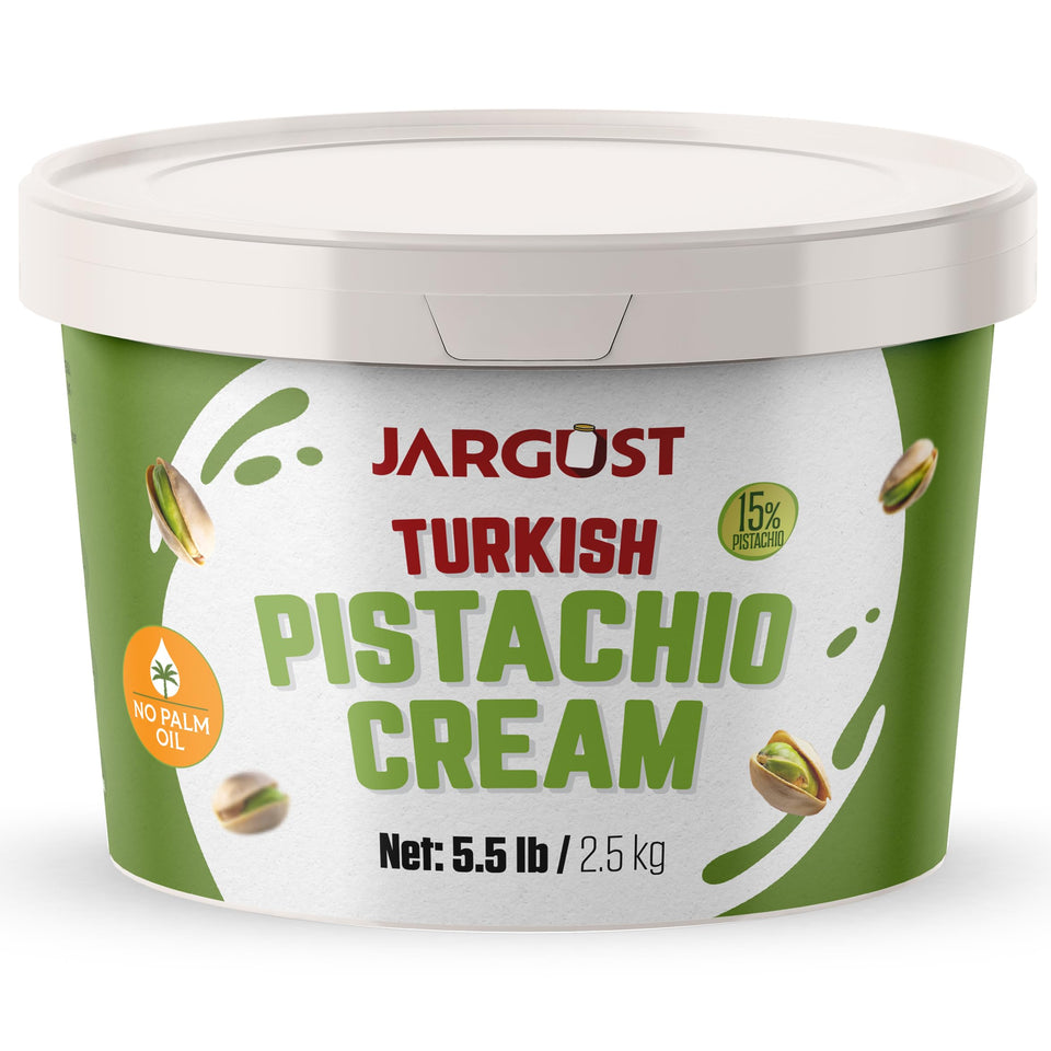 Jargust bulk pistachio cream jar—rich Turkish pistachio butter ideal for desserts.