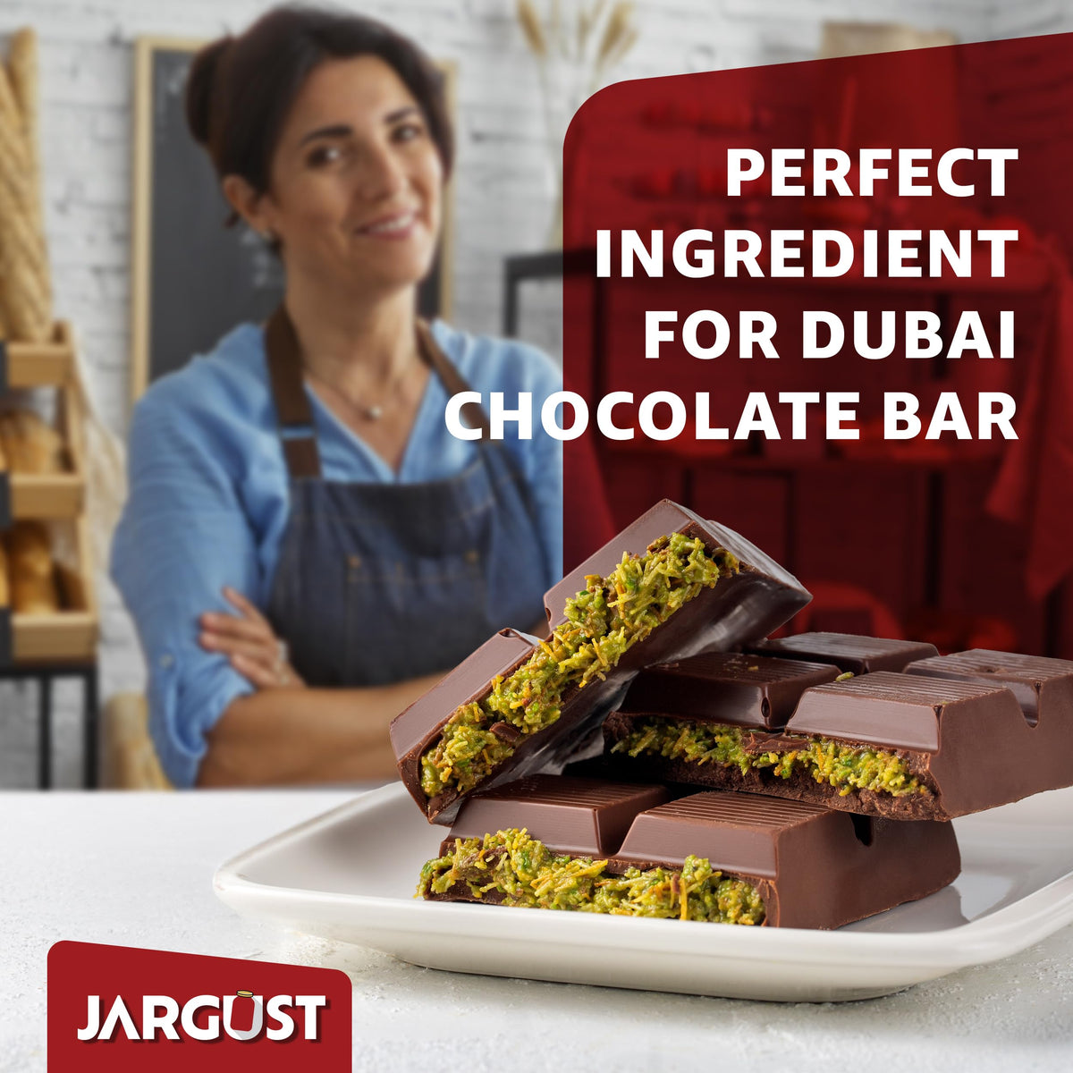 Jargust kataifi in Dubai pistachio chocolate bars adds texture.