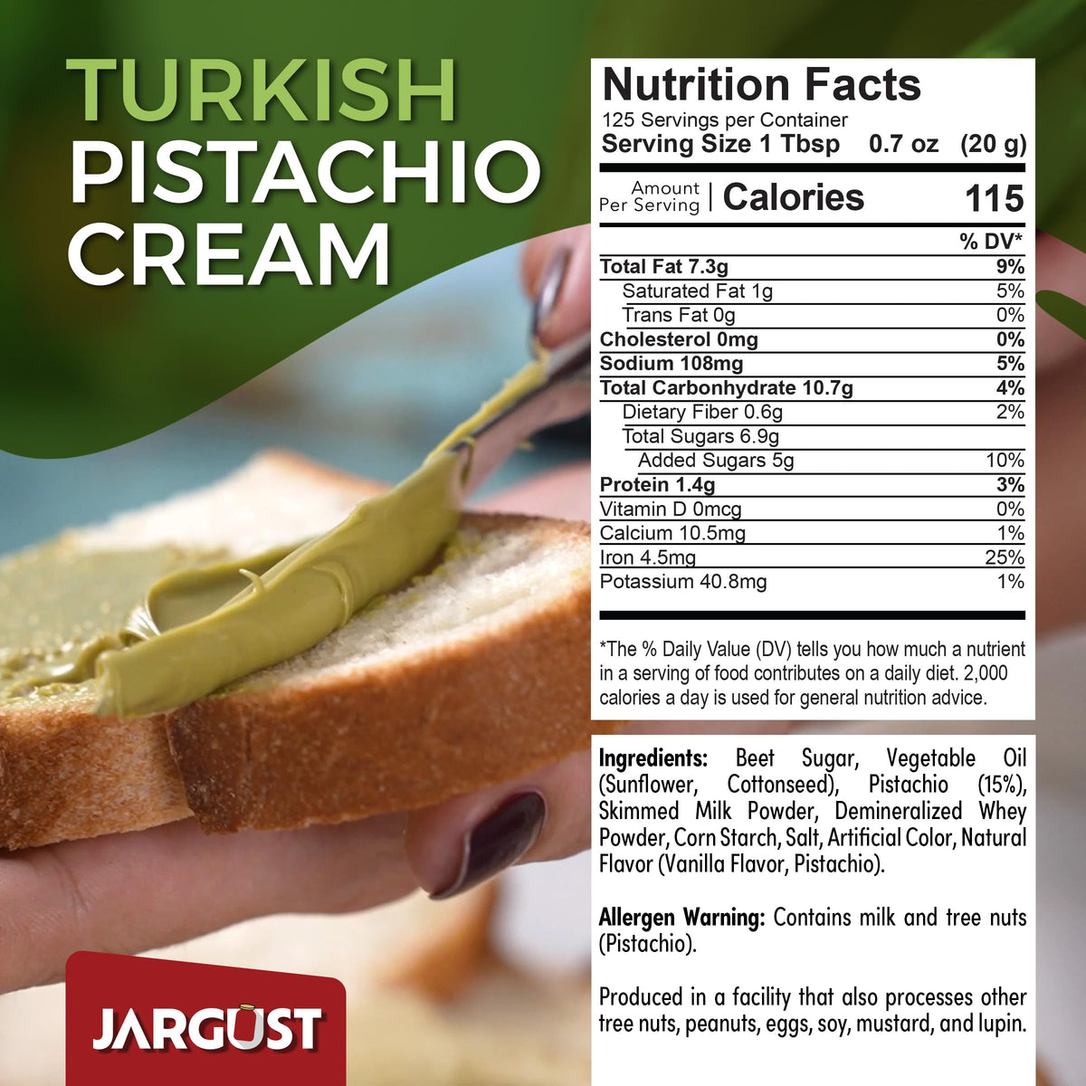 Jargust pistachio butter tub highlighting silky texture for luxurious spreads.