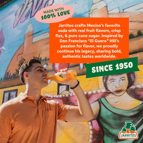 Jarritos Mandarin label close-up highlights natural flavor and heritage.
