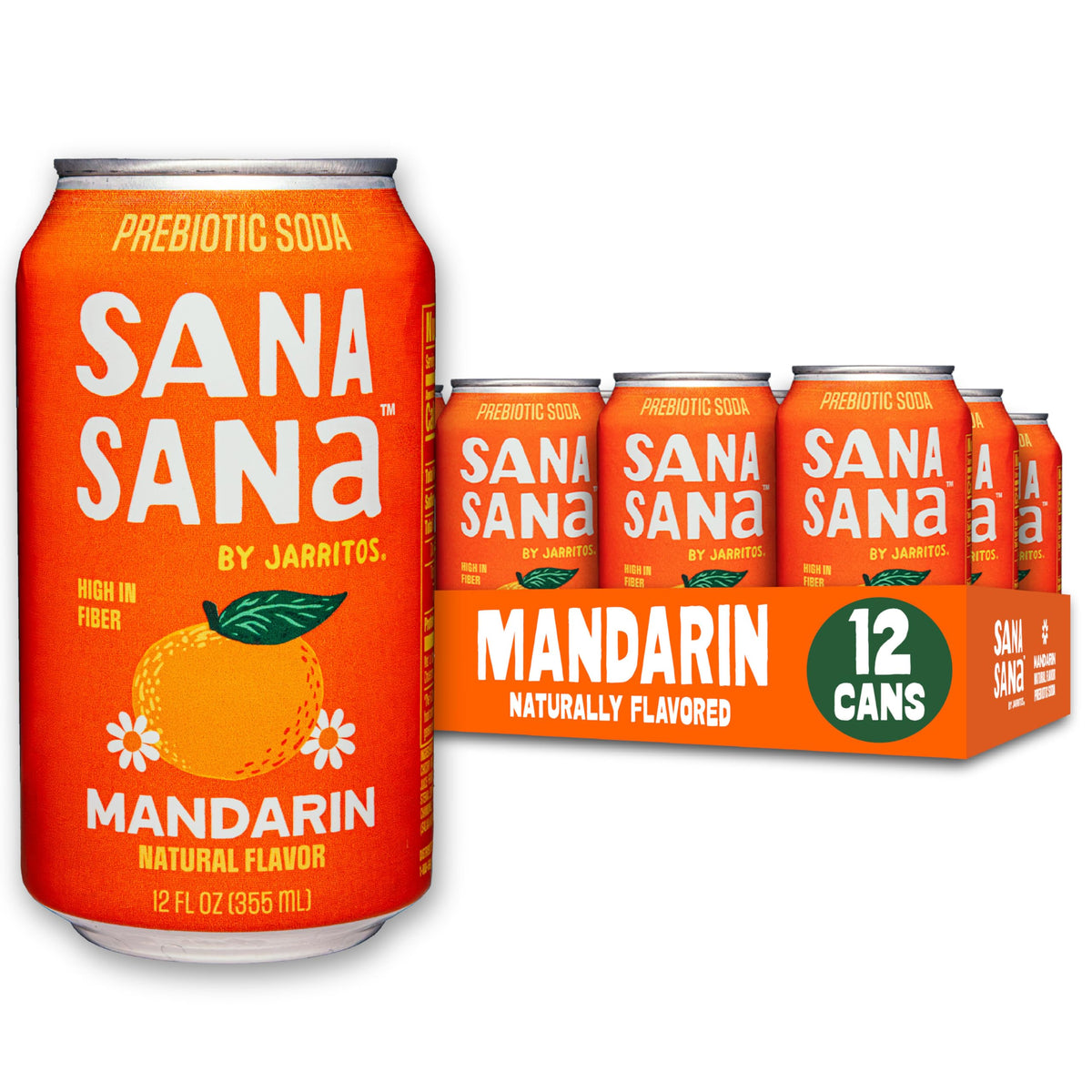 Jarritos Sana Sana Mandarin can—prebiotic soda with fiber for gut-friendly refreshment.
