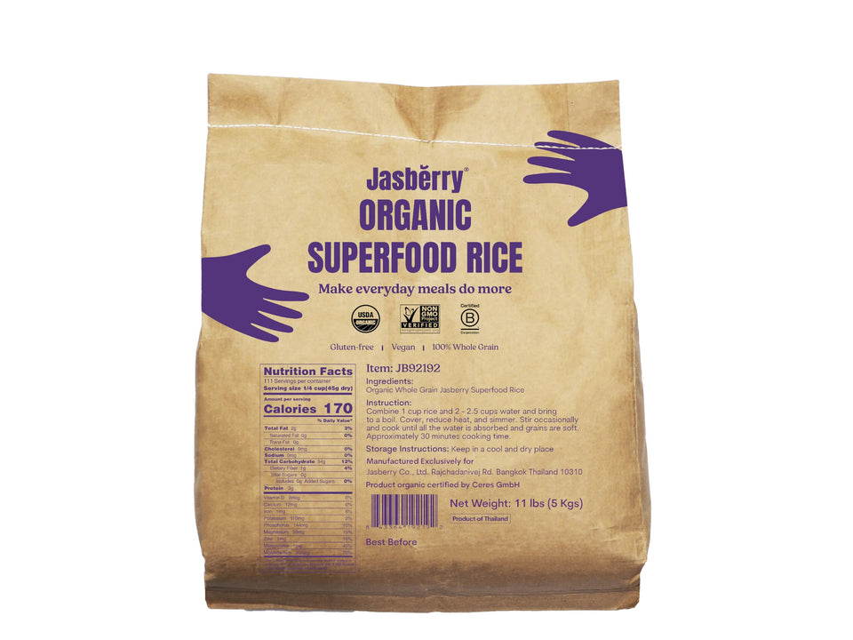 Jasberry Organic Purple Rice bag front showing premium packaging and USDA Organic seal for healthy meals.
