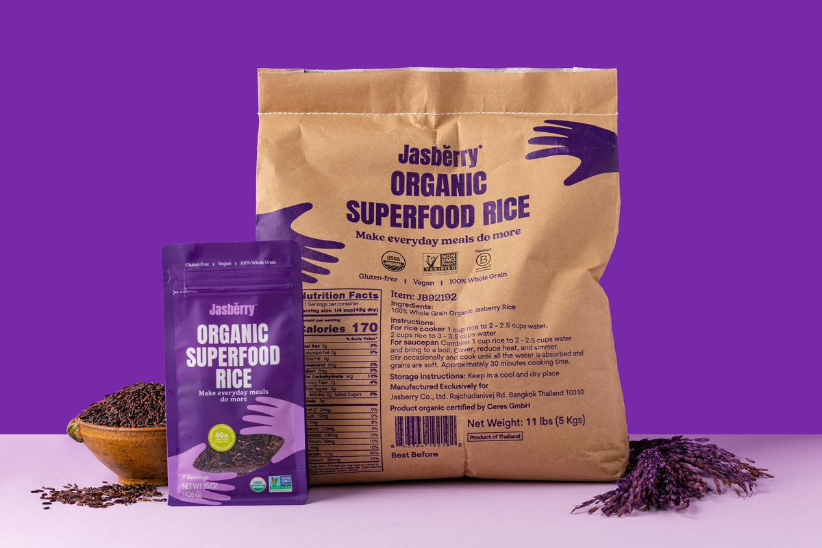Jasberry Organic Purple Rice close-up raw grains showing color and texture for nutrient-rich meals.