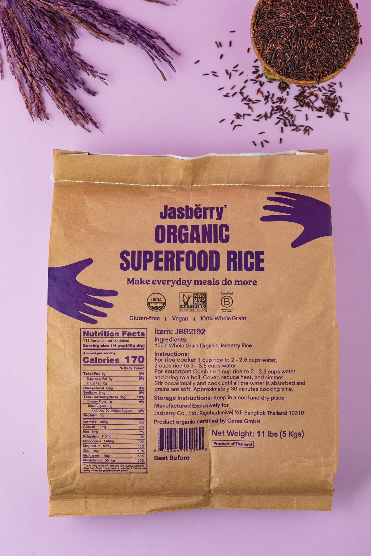 Jasberry Organic Rice packaging highlights non-GMO and gluten-free attributes.