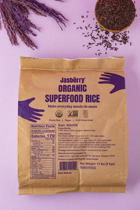 Jasberry Organic Rice packaging highlights non-GMO and gluten-free attributes.