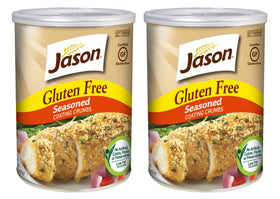 Jason gluten-free seasoned crumbs in a resealable container, ideal for crisp coatings.