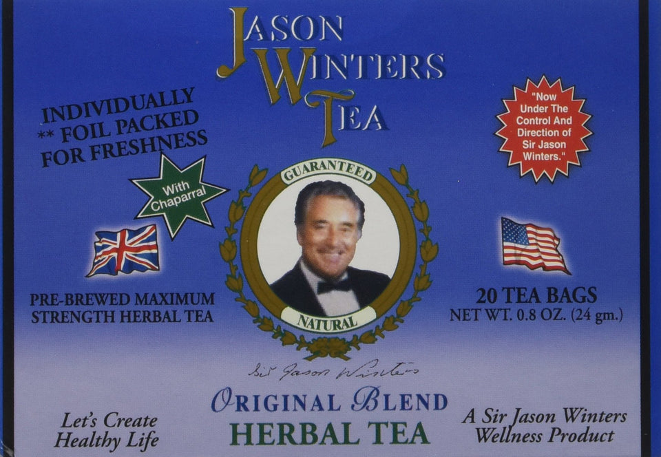 Jason Winters Original Blend herbal tea packaging highlights calm, daily ritual potential.