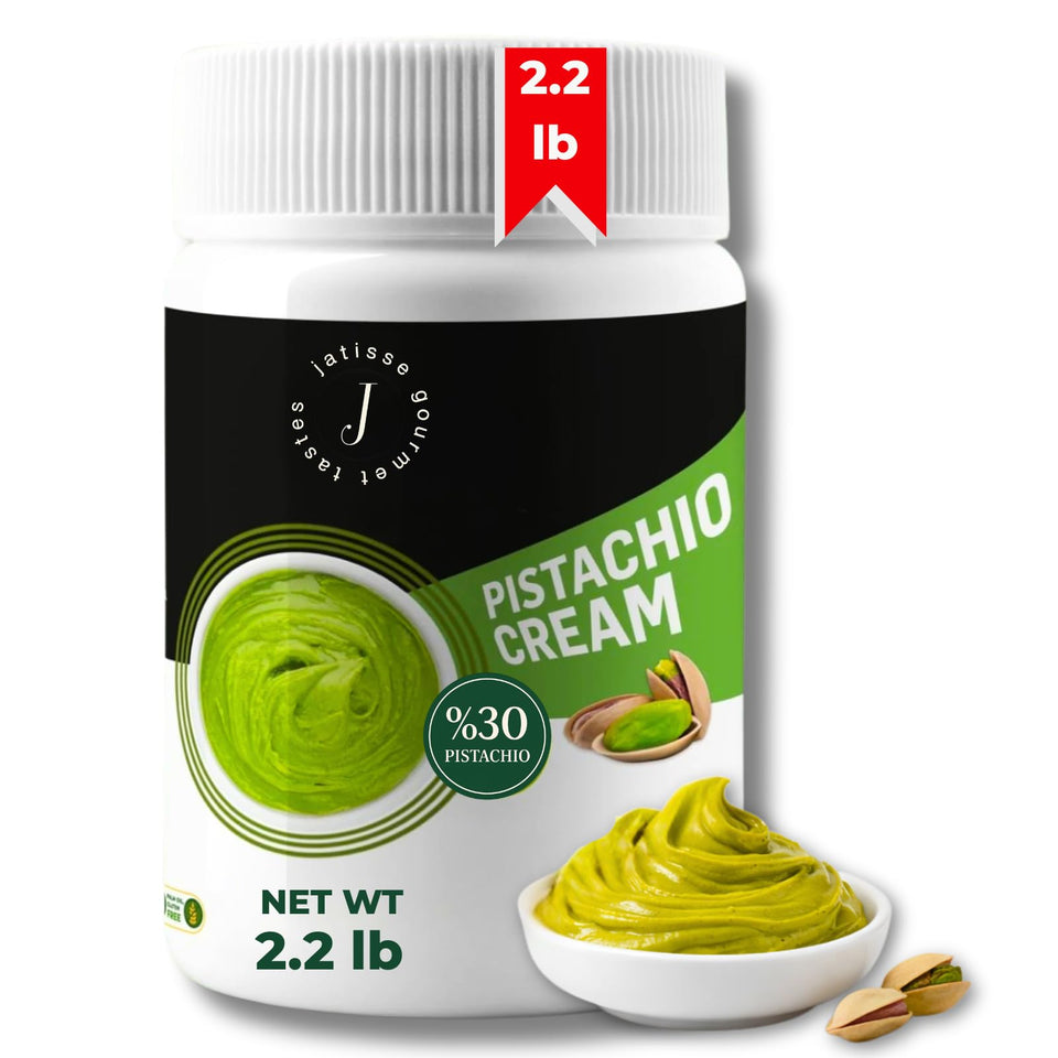 Jatisse Pistachio Cream bulk tub 1kg for desserts and bakery uses.