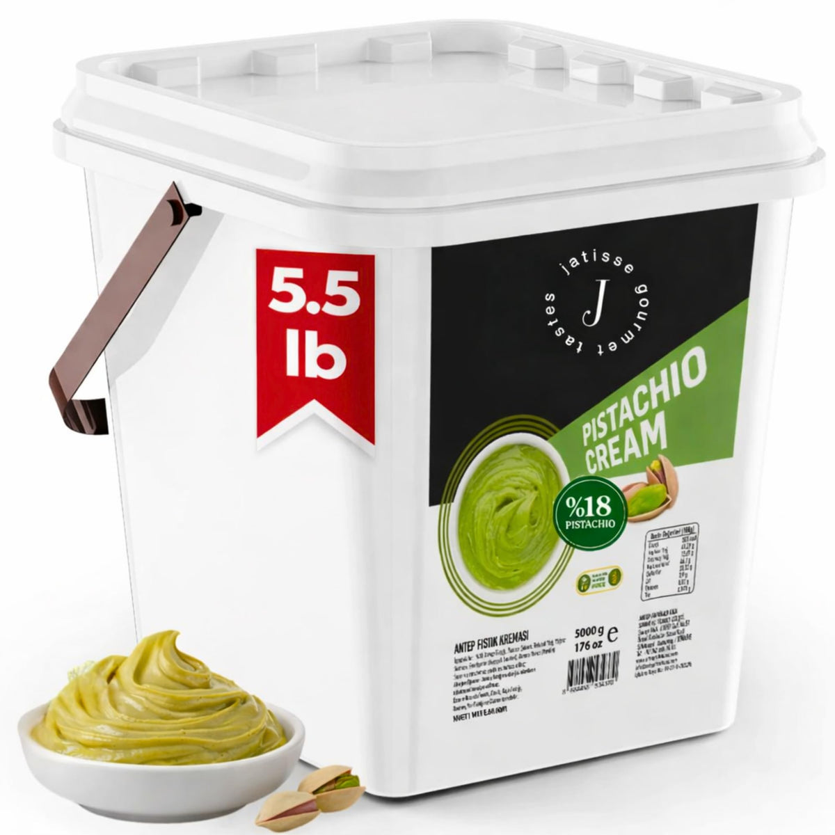 Jatisse pistachio cream bulk tub in 5.5 lb, ideal for serious bakers.