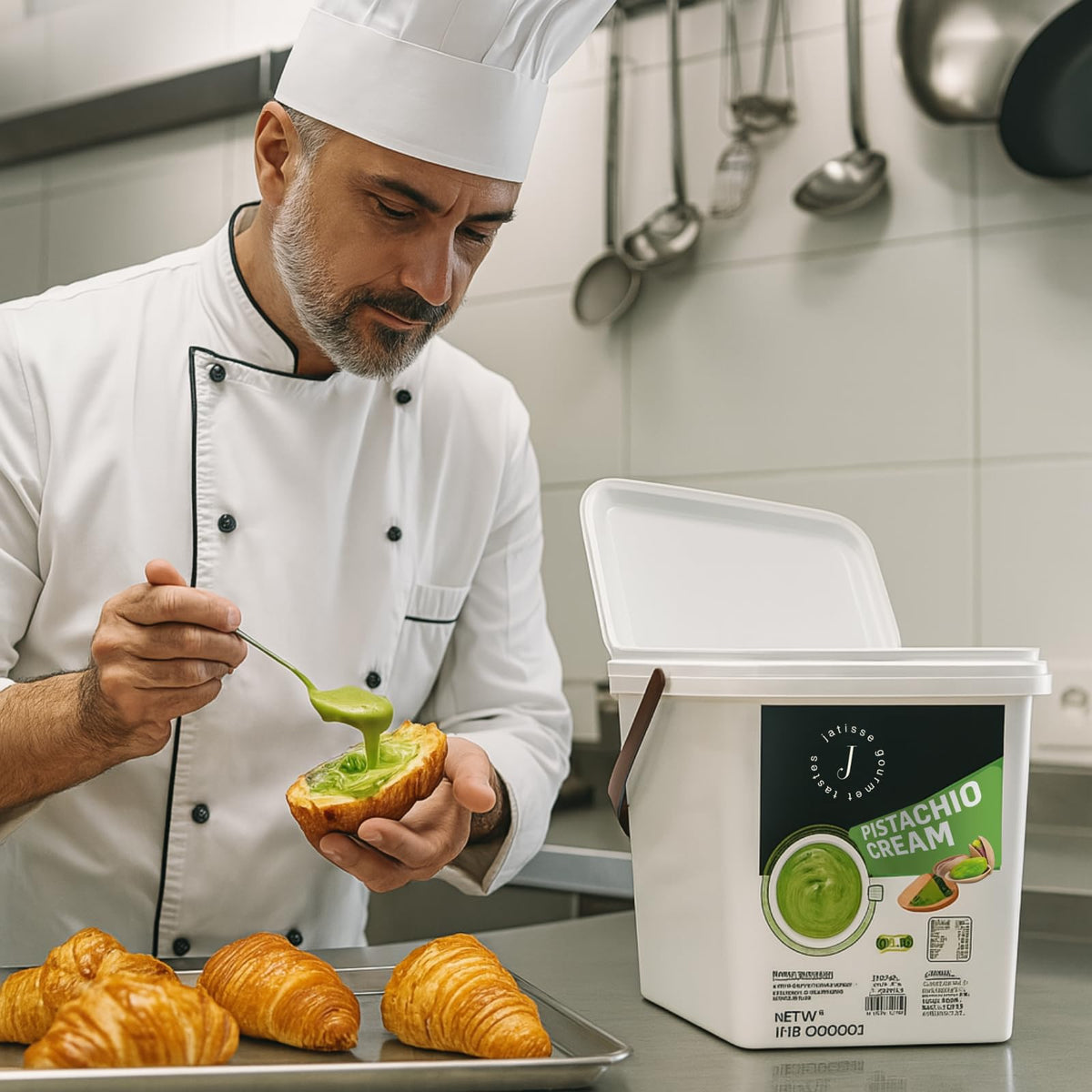Bulk packaging of Jatisse pistachio cream for bakery wholesale