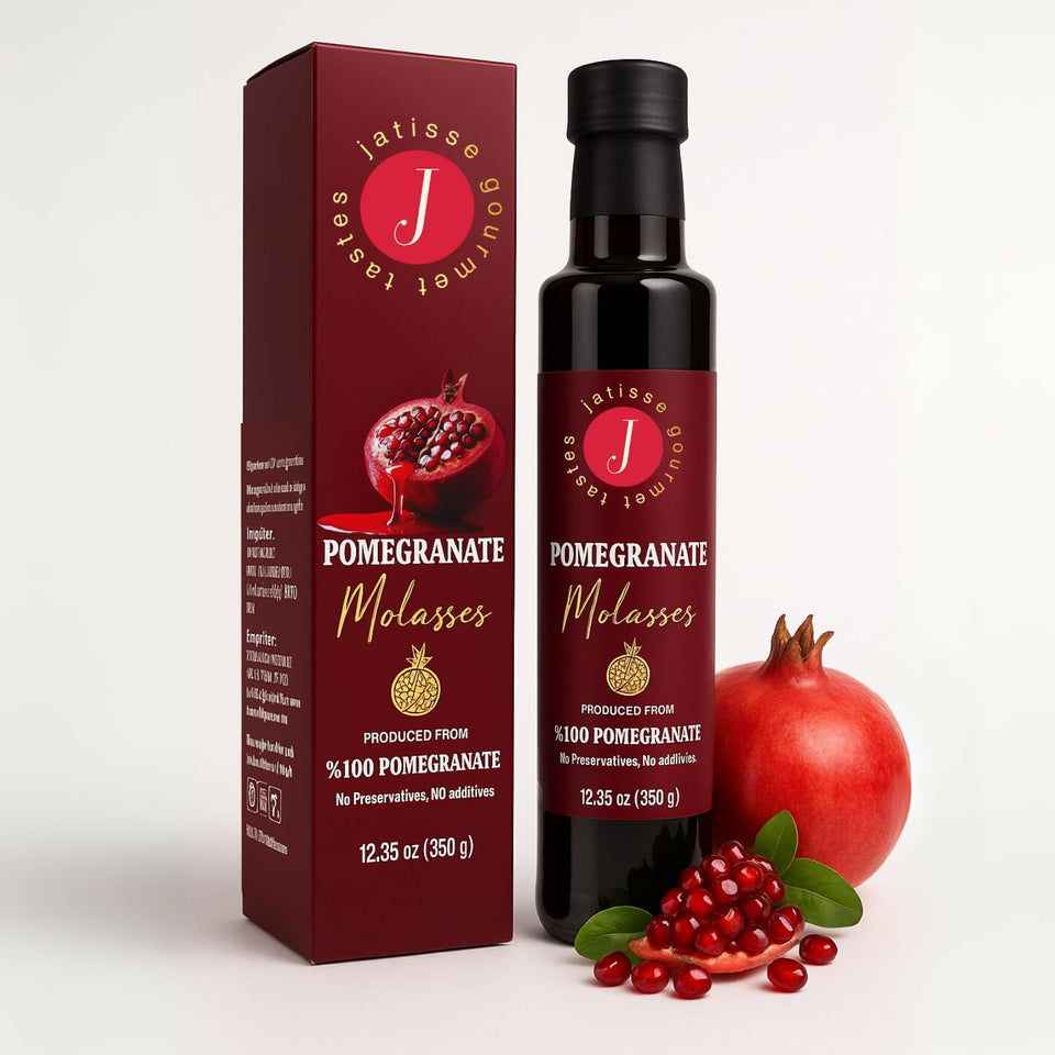 Jatisse Pomegranate Molasses bottle closeup showcasing rich color for bold sauces.