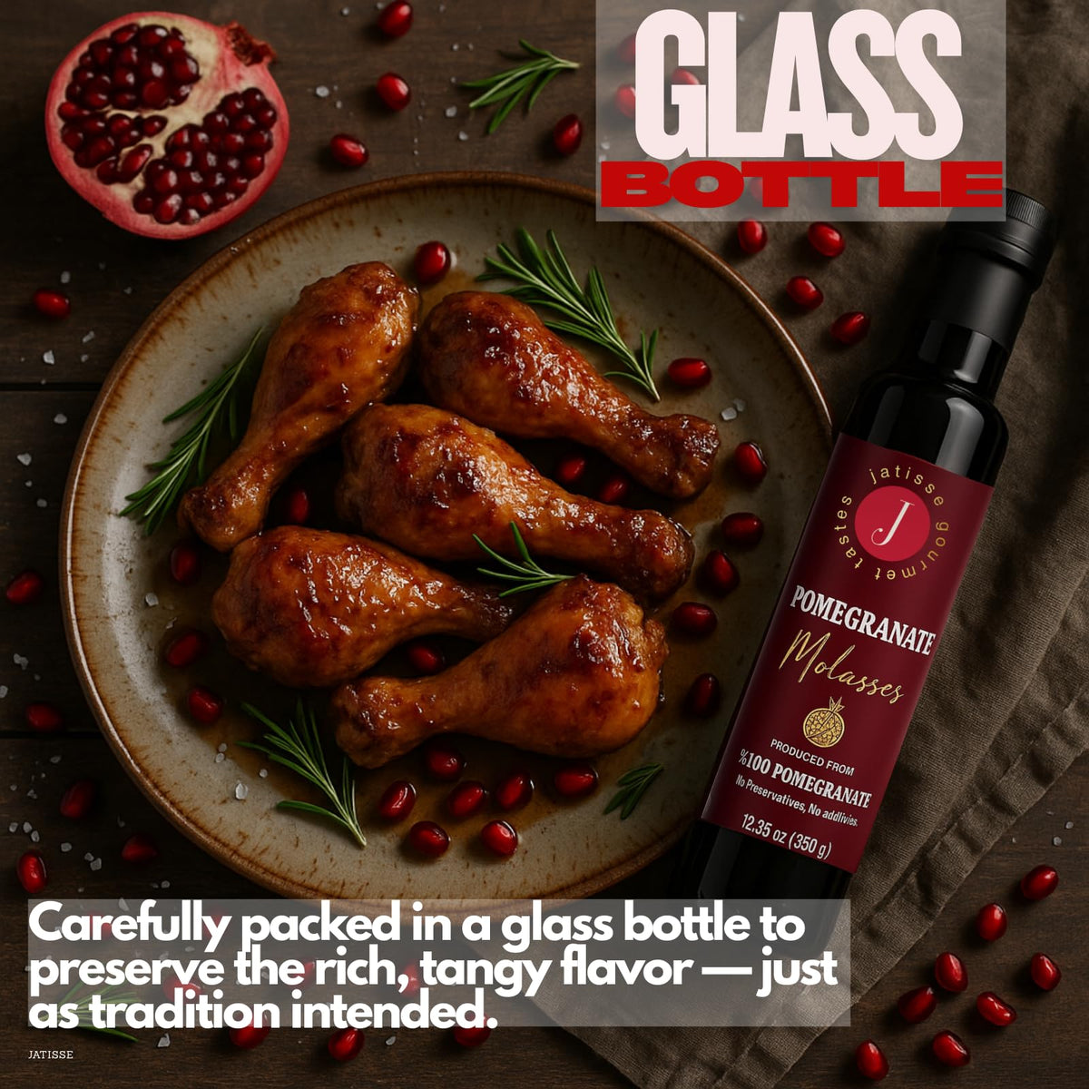 Jatisse Pomegranate Molasses as a versatile kitchen staple for Mediterranean recipes.