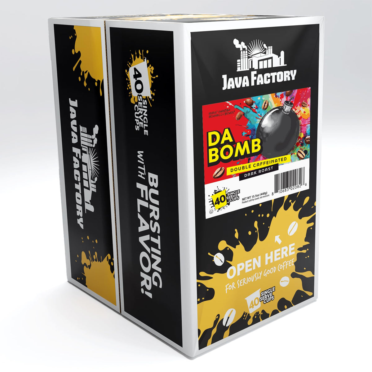 Da Bomb Dark Roast pod close-up highlighting rich texture and high caffeine