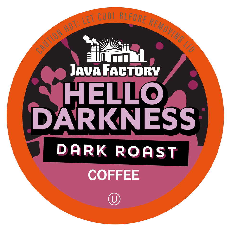 Java Factory Hello Darkness dark roast pod ready for Keurig brewing.