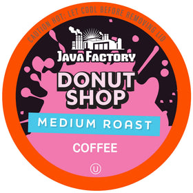 Java Factory Donut Shop Blend pods box, convenient 80-count packaging for home or office.