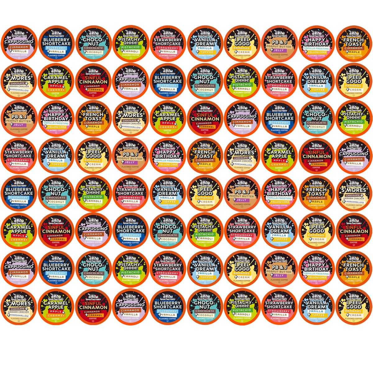 Java Factory assorted sampler box of flavored coffee pods for easy variety.