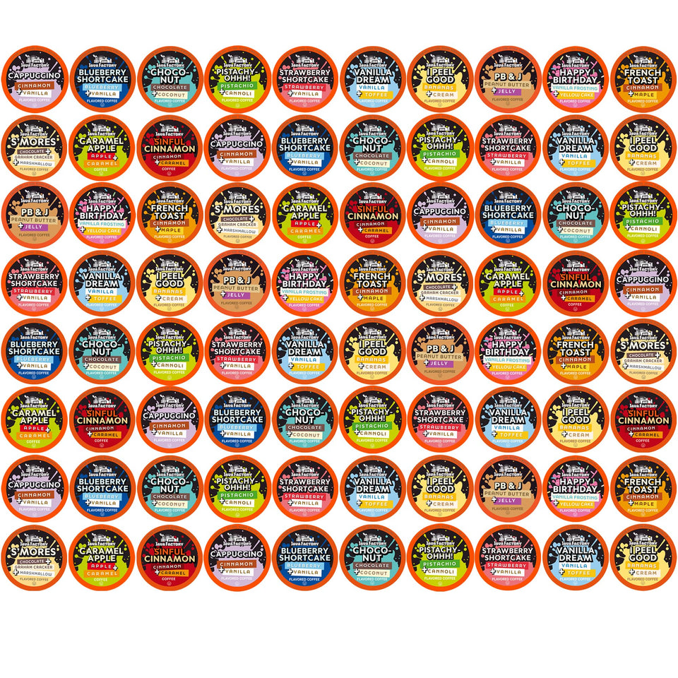 Java Factory assorted sampler box of flavored coffee pods for easy variety.