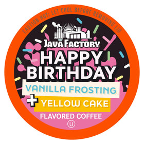 Java Factory Happy Birthday Cake Icing pods deliver festive vanilla frosting flavor in a single-serve cup.