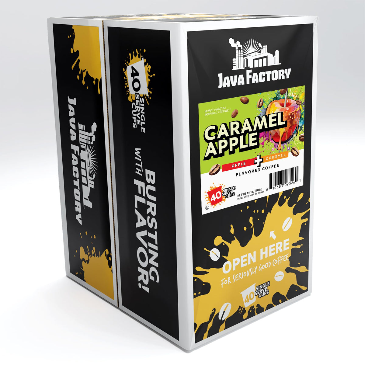 Java Factory caramel-apple coffee pod, compatible with K-Cup brewers for easy brewing.