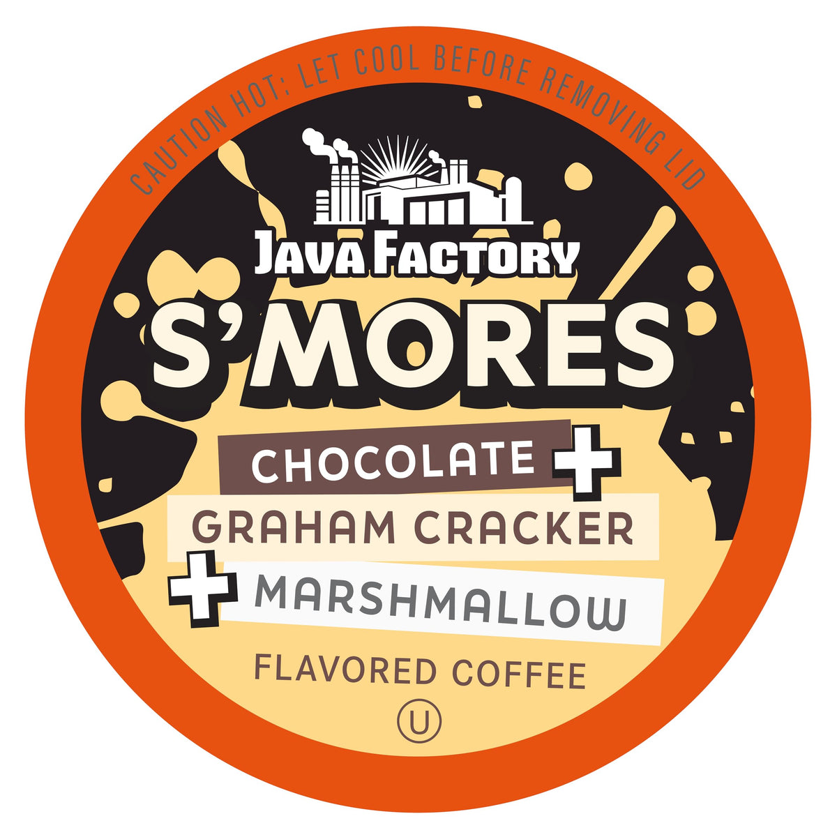 Java Factory S'mores packaging showcases flavor-packed coffee pods for quick Keurig morning picks.