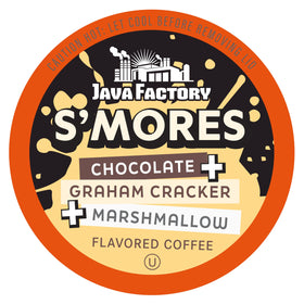 Java Factory S'mores packaging showcases flavor-packed coffee pods for quick Keurig morning picks.