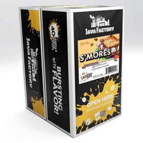 Java Factory S'mores coffee pods close-up highlighting rich chocolate and marshmallow notes.