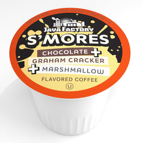 Java Factory S'mores pods in Keurig cup illustrating easy, convenient brewing.