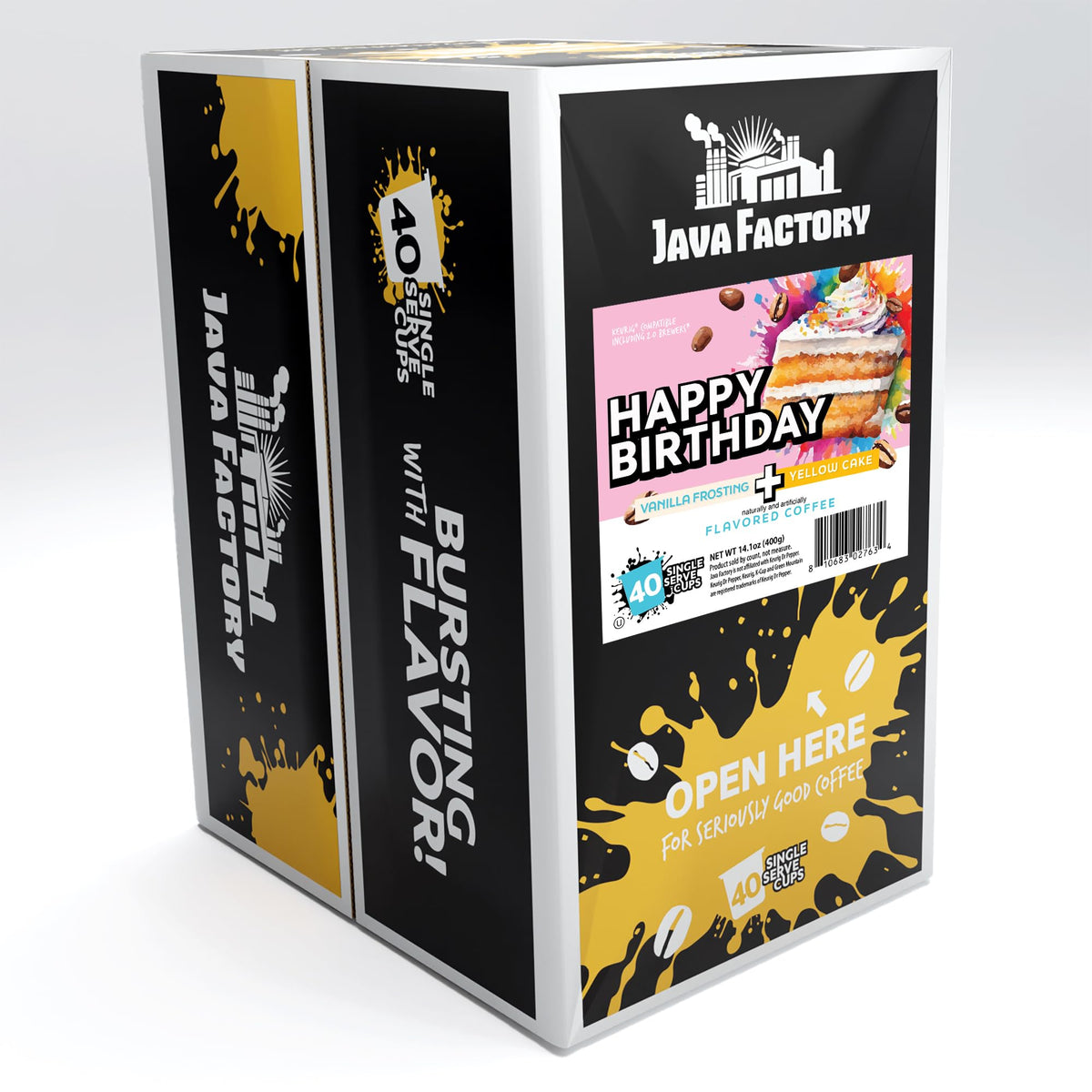 Java Factory vanilla cake frosting flavor coffee pods for K-Cup brewers deliver a quick birthday-themed pick-me-up.