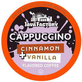 Java Factory vanilla cream cinnamon pods ready for Keurig brewing.