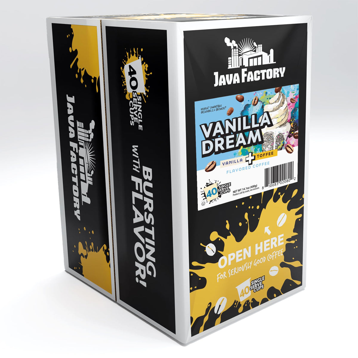 Vanilla Dream packaging shows a 40-count box for daily coffee moments.