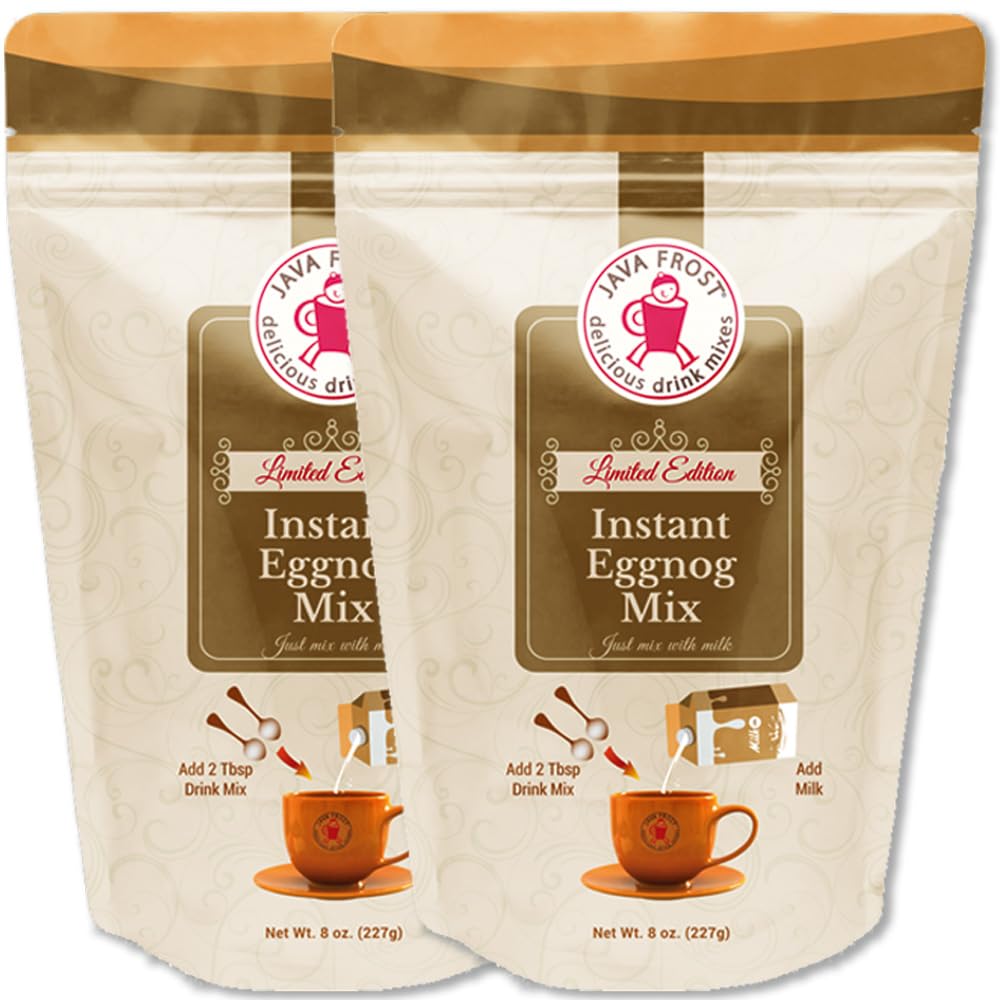 Java Frost instant eggnog mix packaging highlights convenient, mess-free holiday prep.