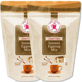 Java Frost instant eggnog mix packaging highlights convenient, mess-free holiday prep.