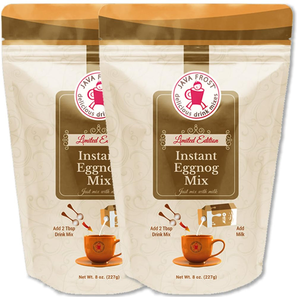 Java Frost instant eggnog mix packaging highlights convenient, mess-free holiday prep.