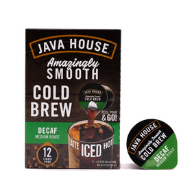 Java House decaf cold brew capsules box front, convenient daily use.