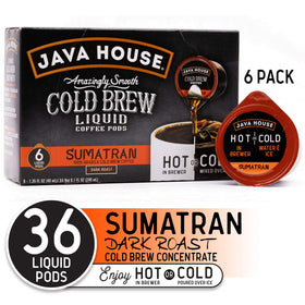 Java House peel-and-pour capsule close-up enables quick hot or cold brews.