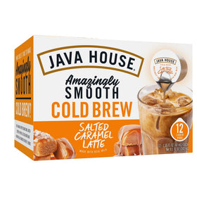 Java House salted caramel latte pod sits ready on the counter for quick mornings.