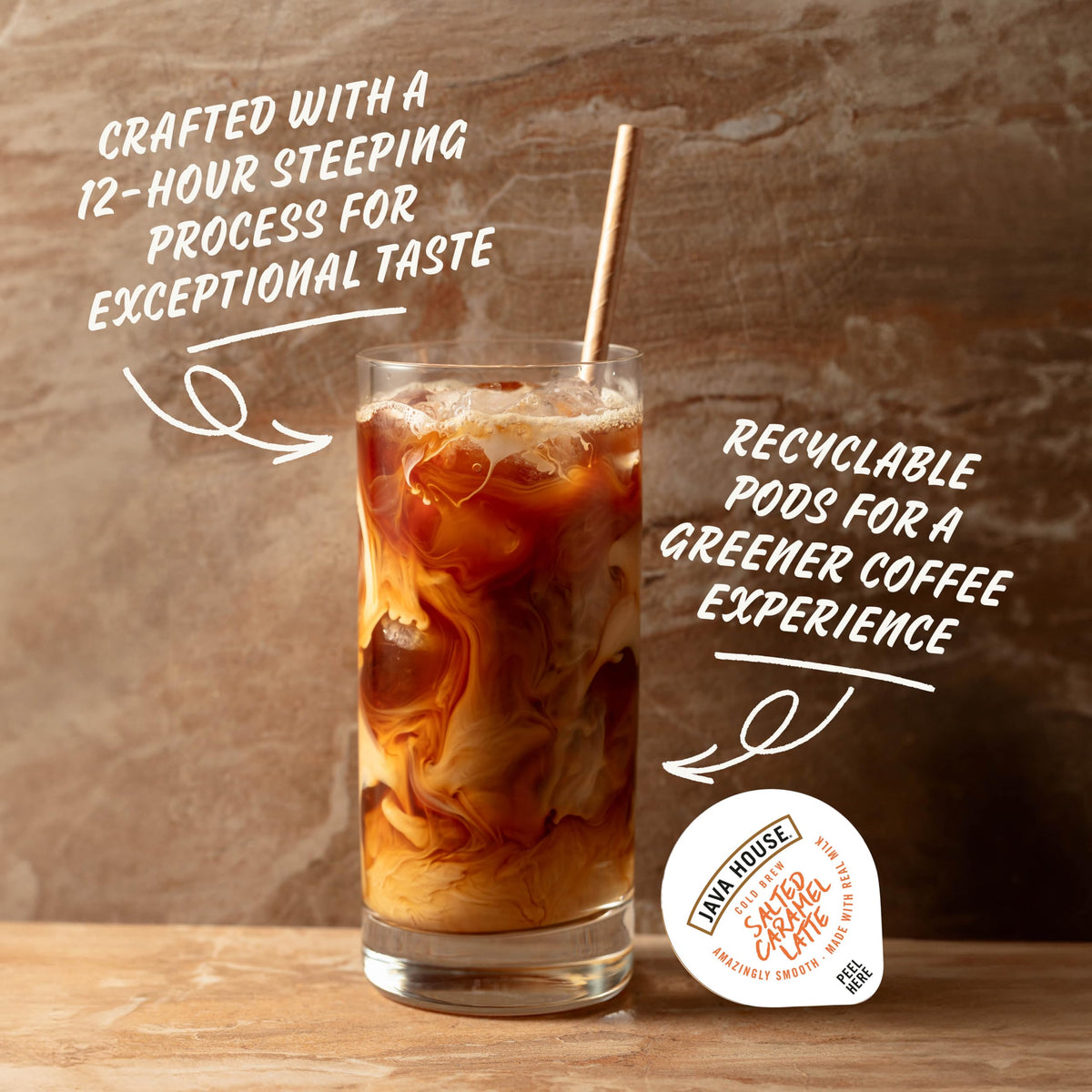 Java House salted caramel latte pod poured over ice reveals a creamy texture.