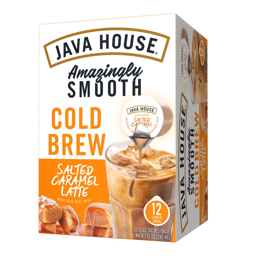 Java House salted caramel latte pod beside a steaming mug for travel-friendly caffeine.