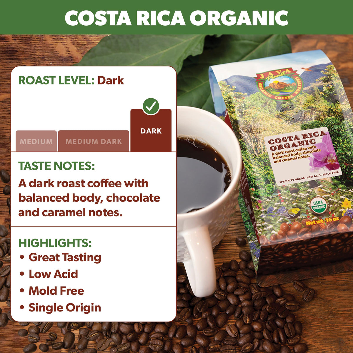 Java Planet dark roast cup with chocolate and caramel hints.