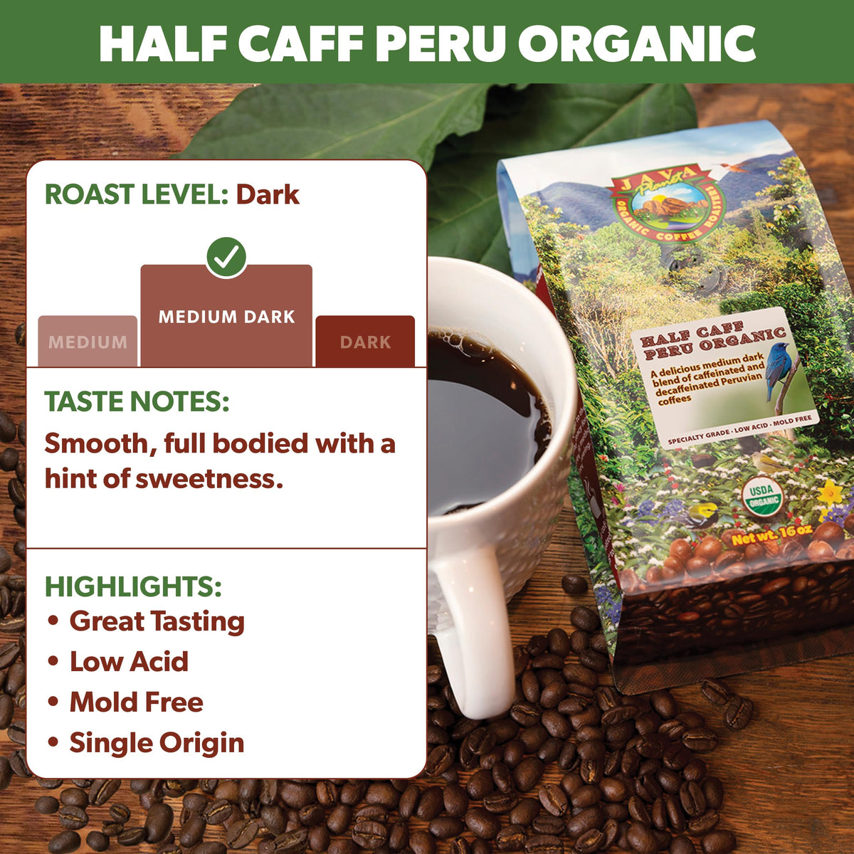 Java Planet Half Caff Peru beans close-up highlights smooth, balanced flavor potential.