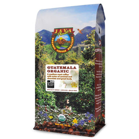 Java Planet Low Acid Coffee bag shows mold-free, organic beans for a smooth flavor.
